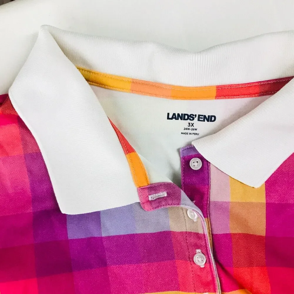 Lands End Women's 3X Polo Shirt Rainbow Plaid Short Sleeve Cotton Popover CM24